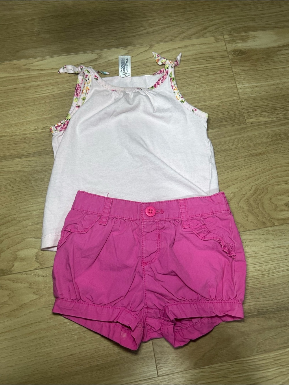 GAP Girls Light Pink Tank Top with Floral Trim an Old Navy Shorts
